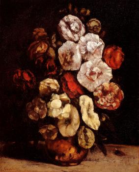 Gustave Courbet : Hollyhocks In A Copper Bowl